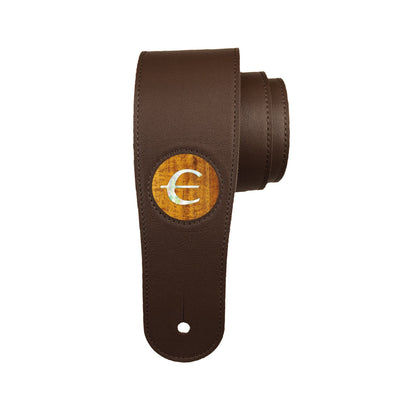 GibsonbyThalia Strap AAA Curly Hawaiian Koa & Epiphone Pearl "E" Logo Inlay | Italian Leather Strap Dark Chocolate / Standard