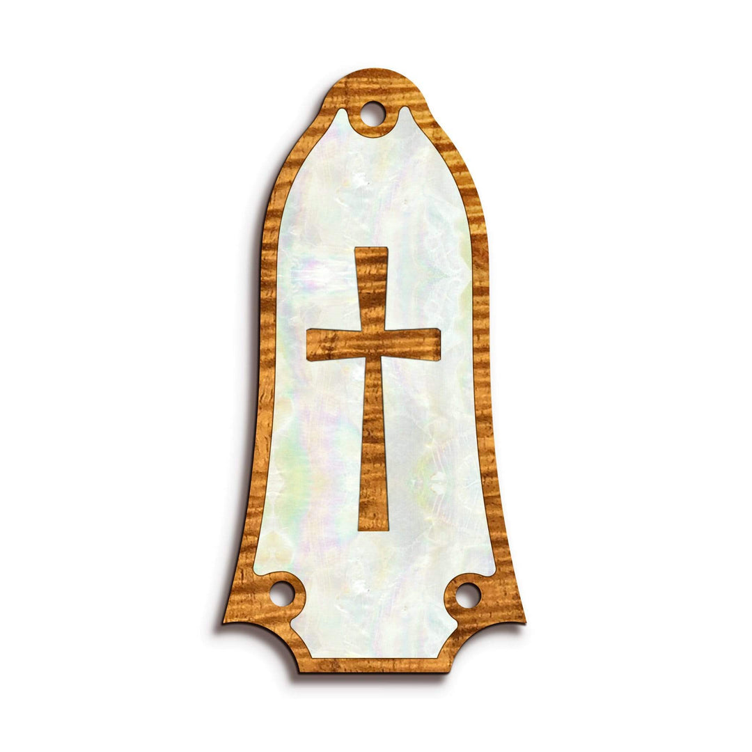 GibsonbyThalia Truss Rod Cover Custom Truss Rod Cover | Shape T6 - Fits Many Epiphone Guitars Cross in Pearl / AAA Curly Koa