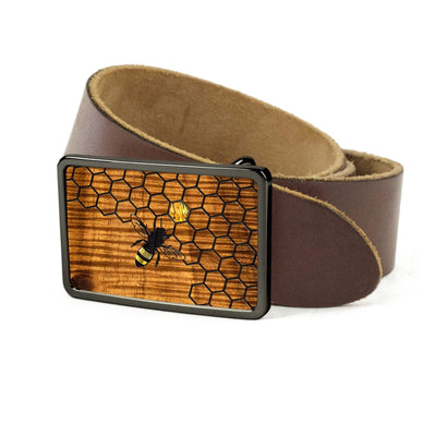 Thalia Belts AAA Curly Hawaiian Koa & Pearl Bee with Honeycomb Inlay | Belt Buckle