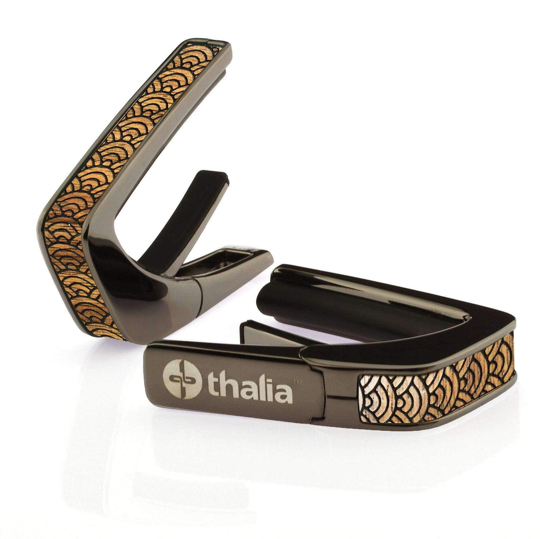 Thalia Capo Seigaiha Waves Hawaiian Koa | Deluxe Capo Black Chrome
