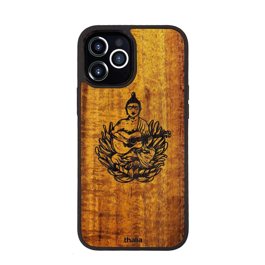 Thalia Phone Case Hawaiian Koa & Buddha Playing OM Guitar Engraving | iPhone Case iPhone 12 Pro Max
