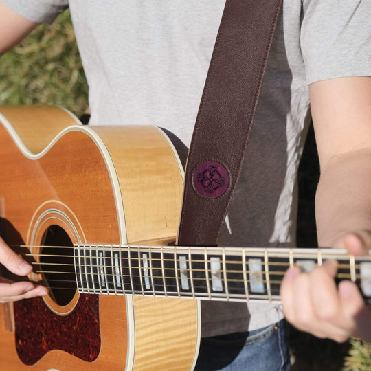 Thalia Strap Purpleheart & Pearl Crescent Moon & Star Inlay | Italian Leather Strap Dark Chocolate / Oversized (Acoustic/Electrics with Endpin Jacks)